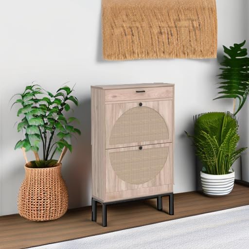 Slim Rattan Flip Drawer Shoe Storage Cabinet