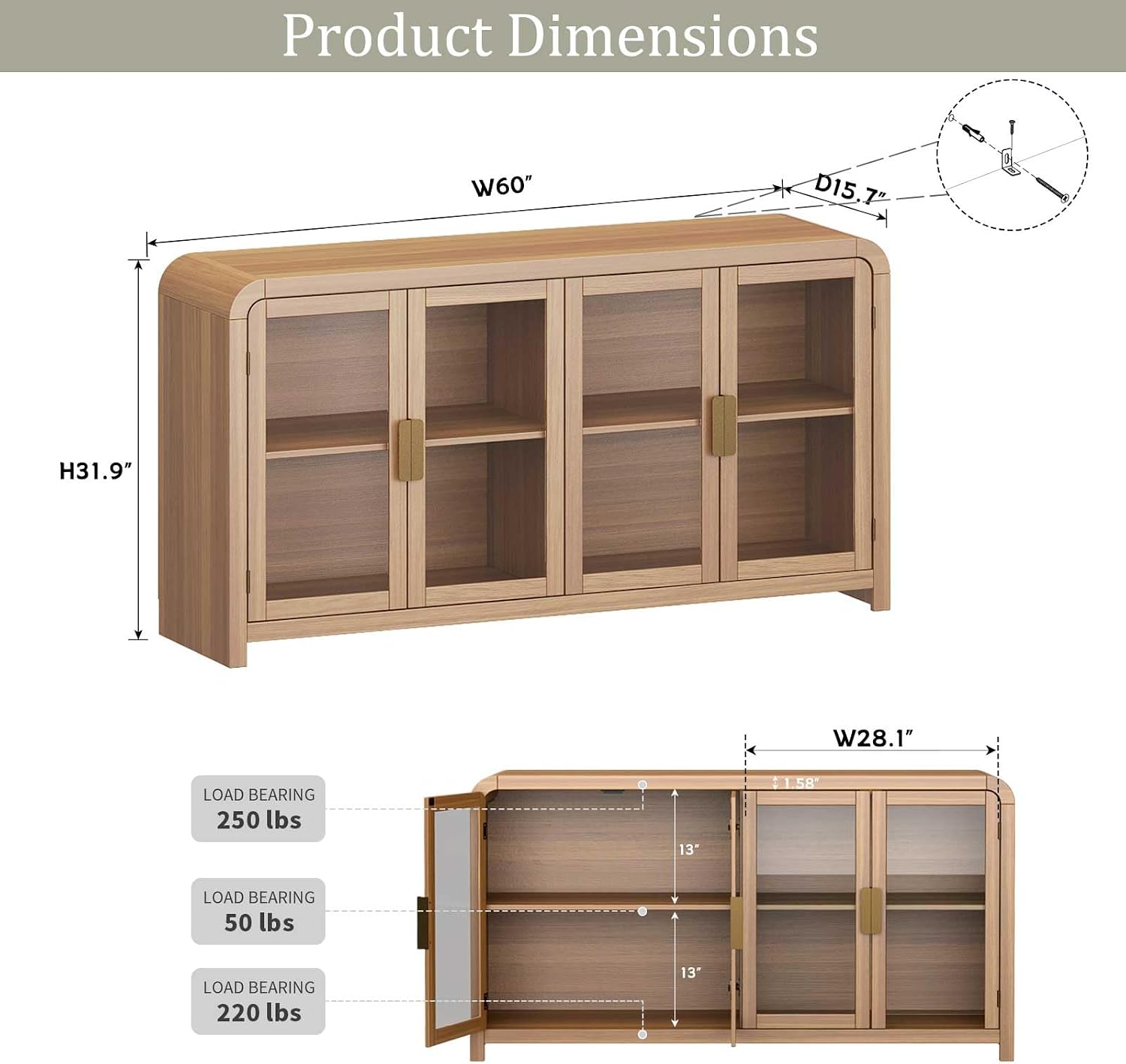 60" Oak Glass Door Boho Sideboard
