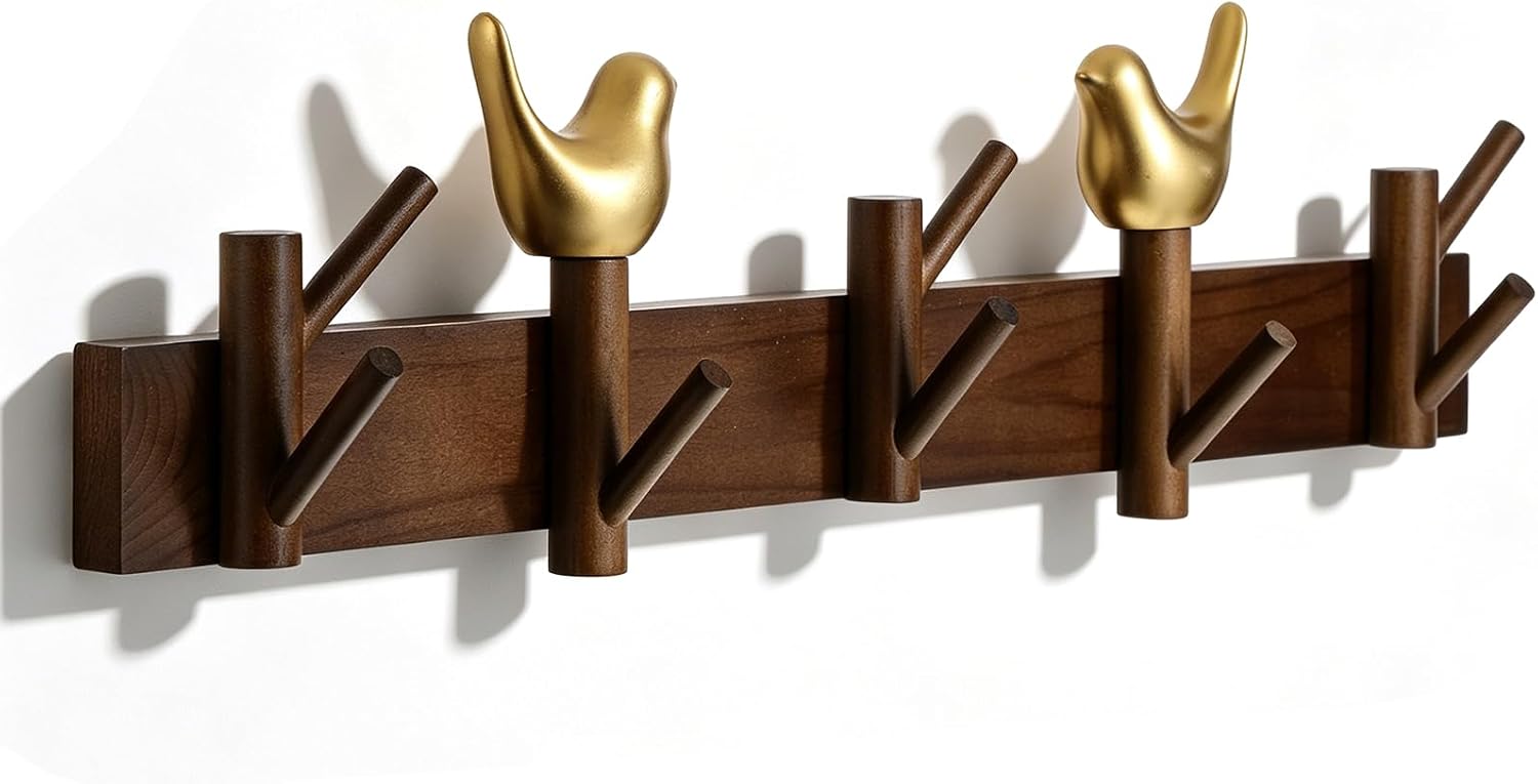 21" Walnut Gold Bird 8-Hook Coat Rack