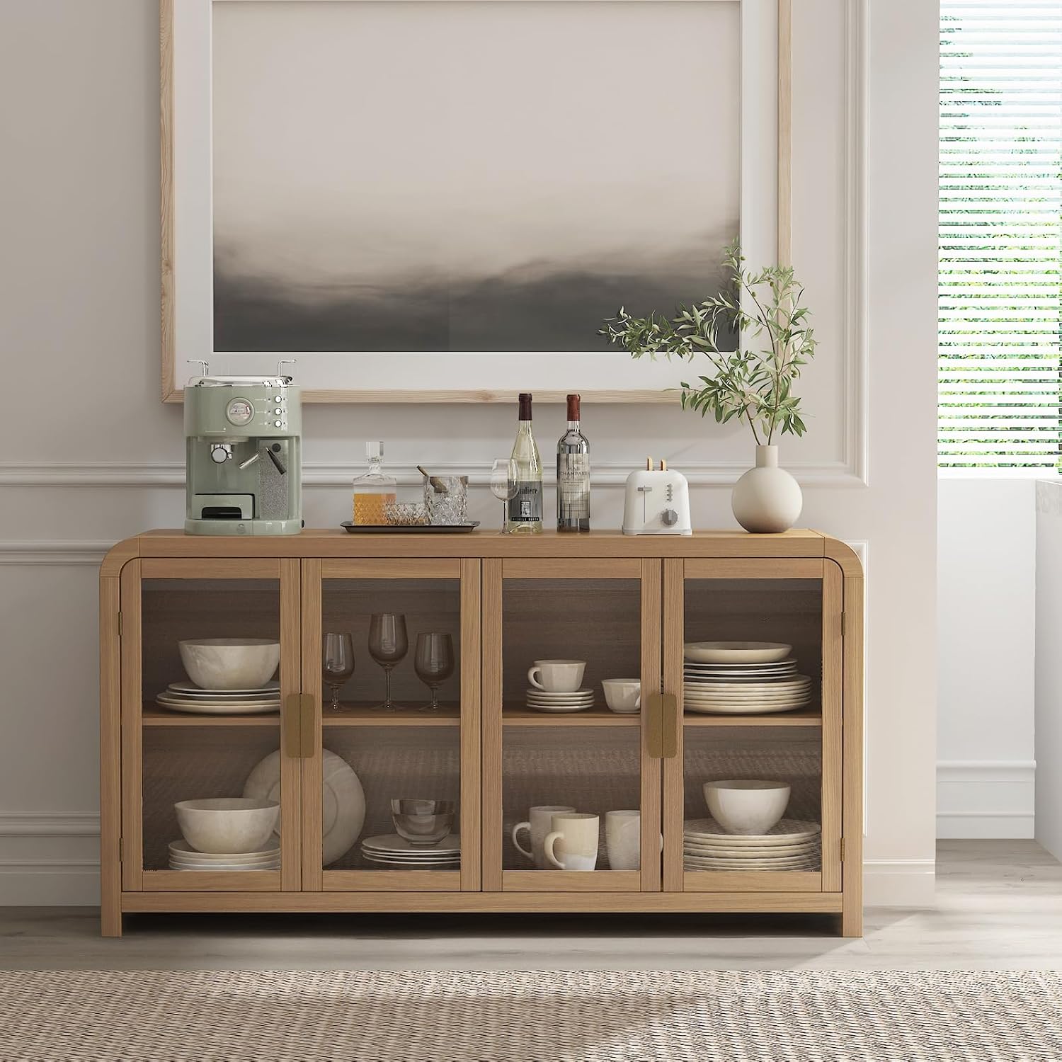 60" Oak Glass Door Boho Sideboard