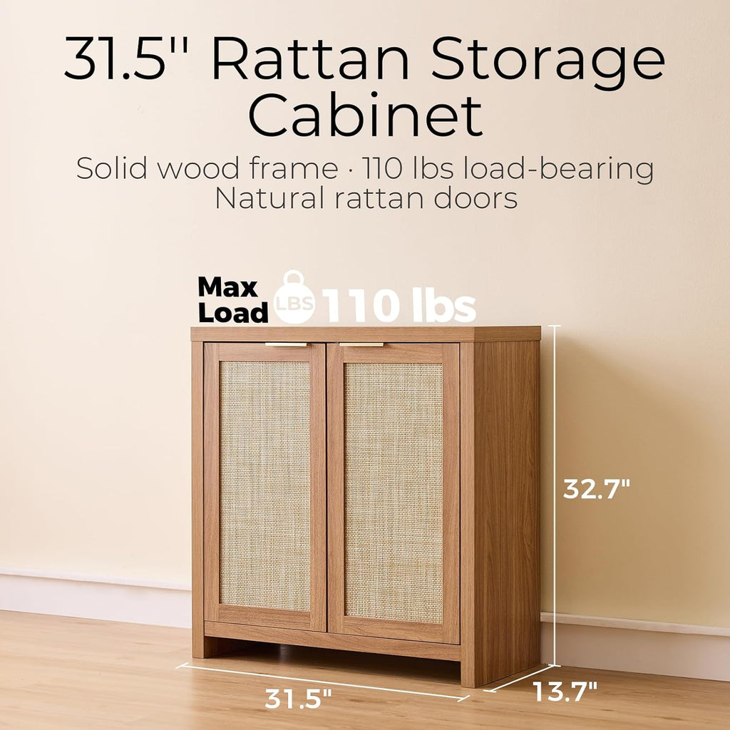 3pc Oak Rattan Storage Sideboard