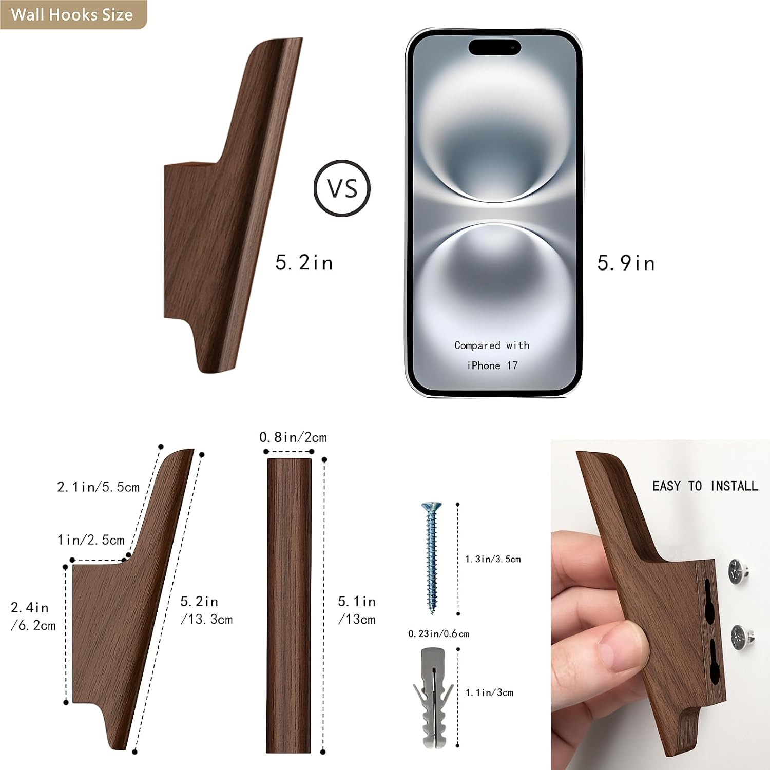 4 Pack Dark Walnut Wall Coat Hooks