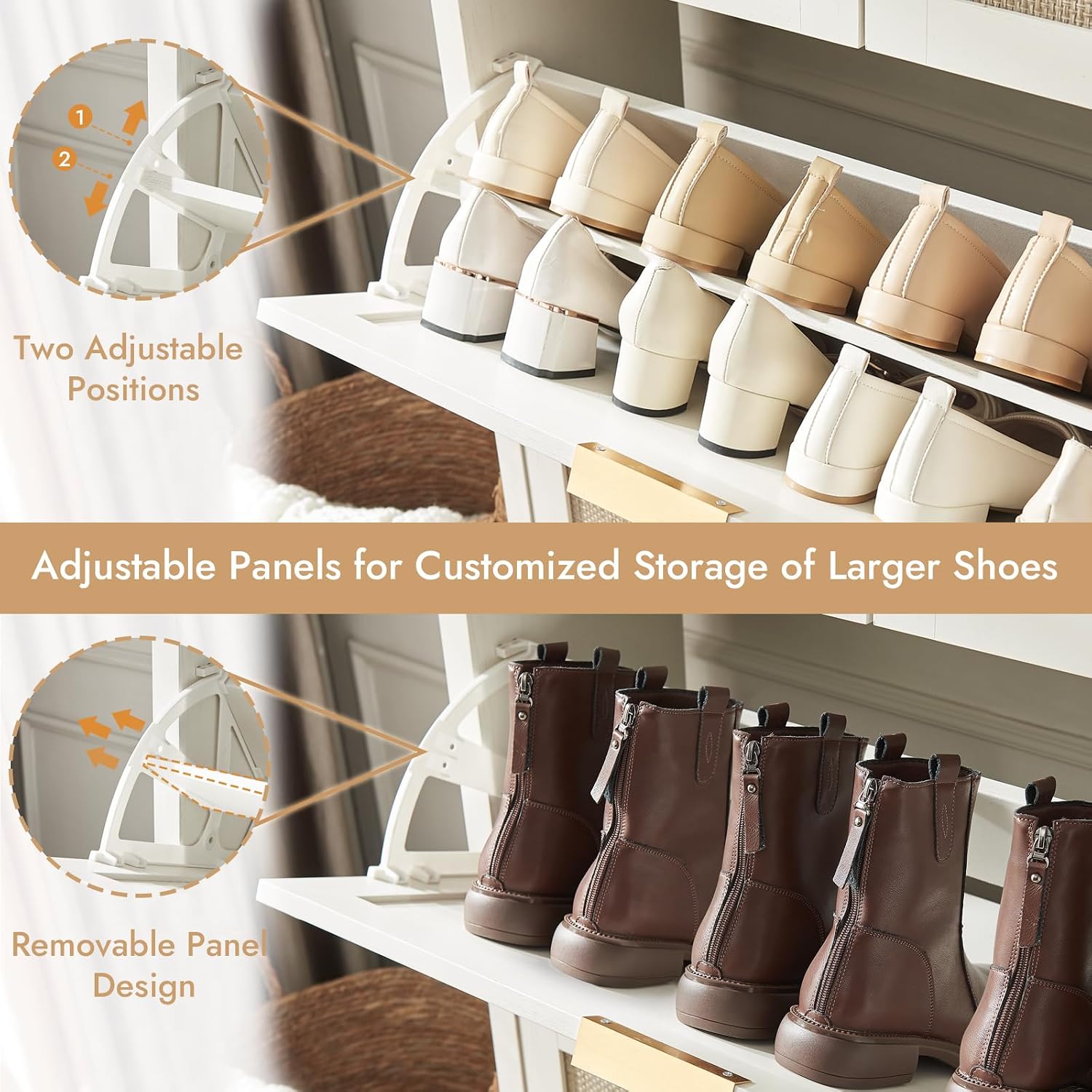 White Rattan Slim Hidden Shoe Storage Cabinet