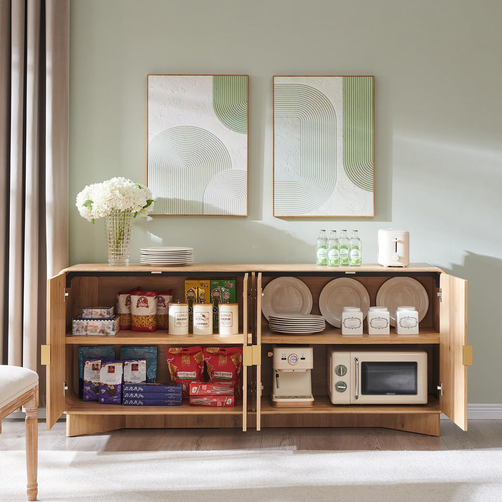 70" Natural Oak Curved 4 Doors Modern Sideboard Buffet