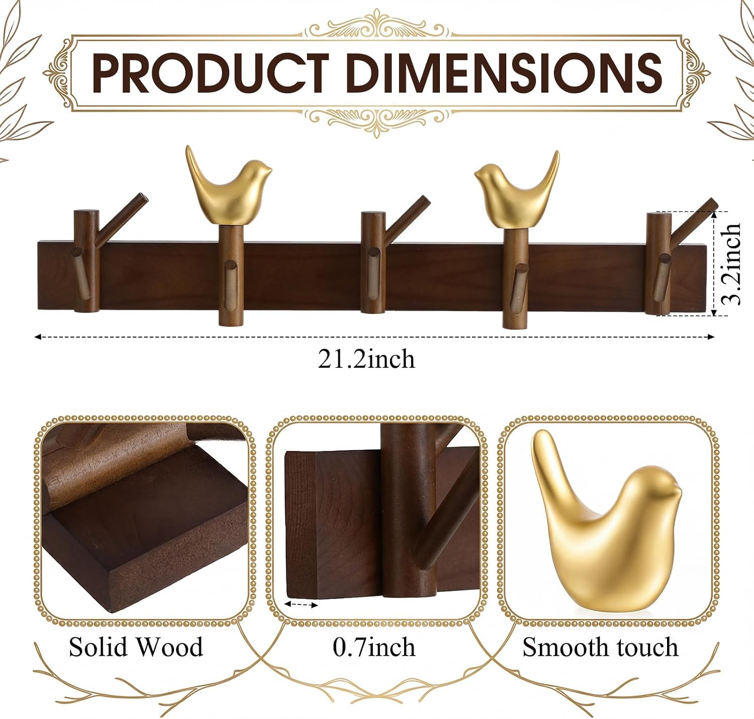 21" Walnut Gold Bird 8-Hook Coat Rack
