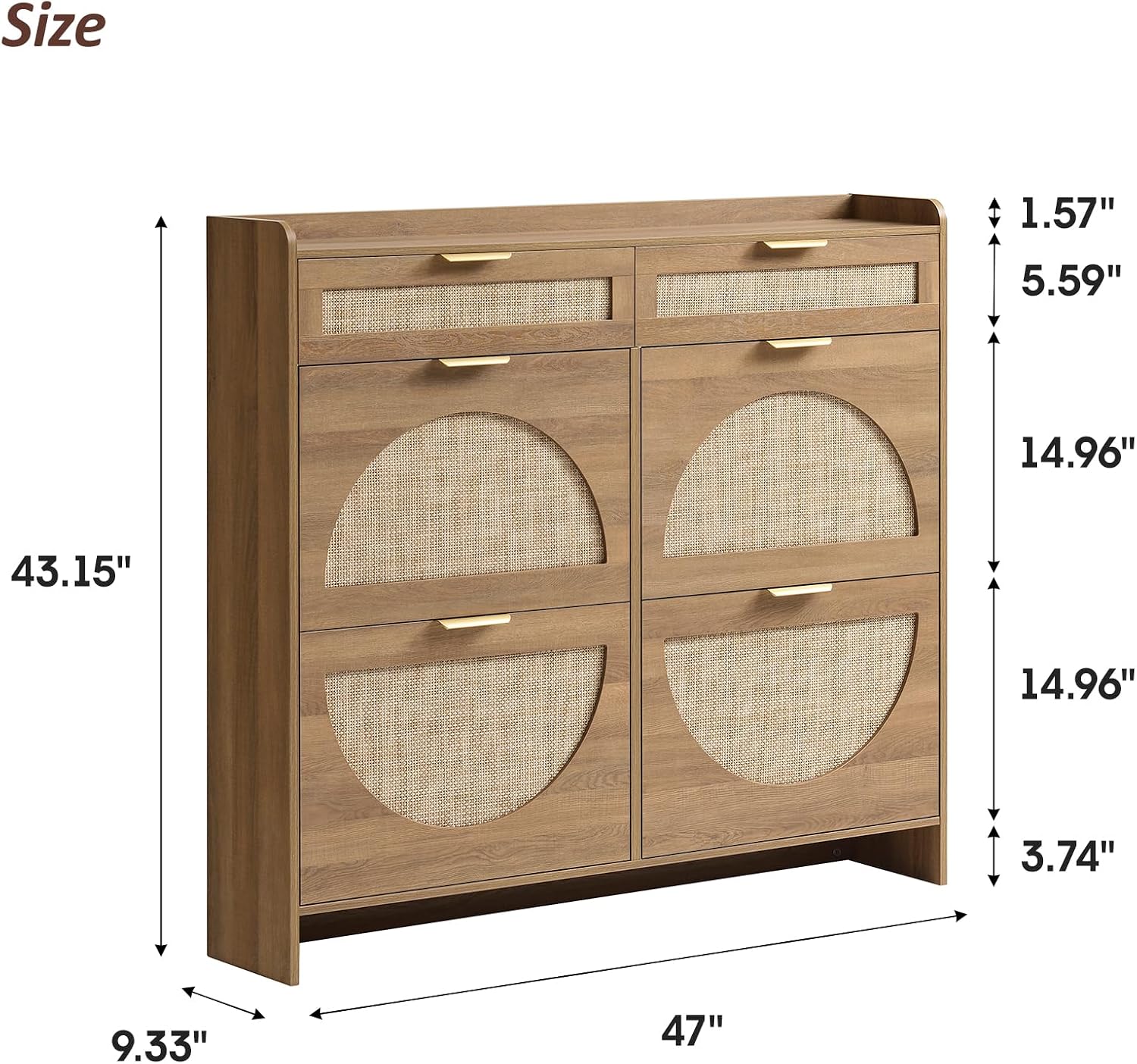 Rustic Oak Rattan Shoe Cabinet with Drawers