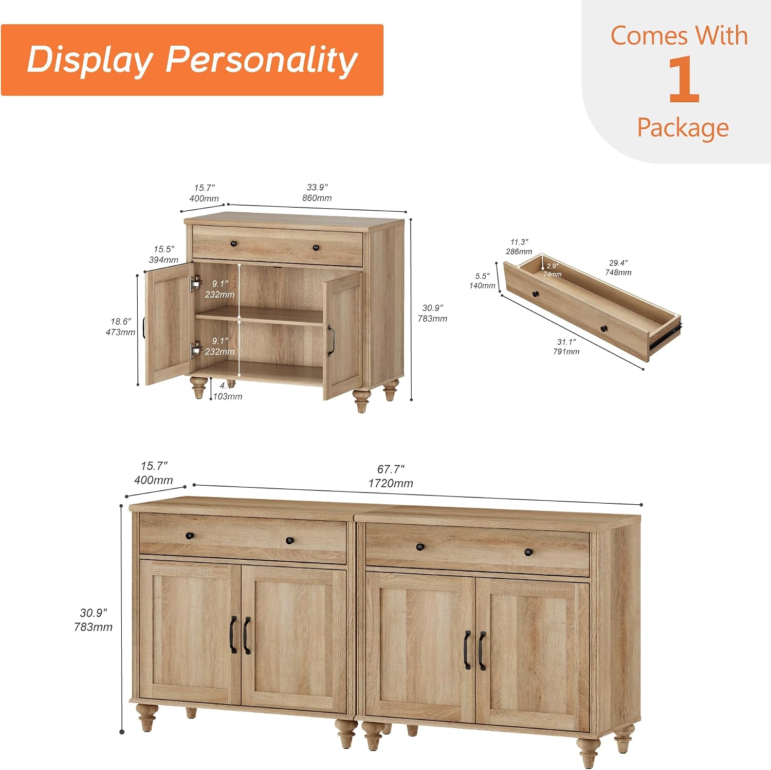 68" Oak Farmhouse Sideboard