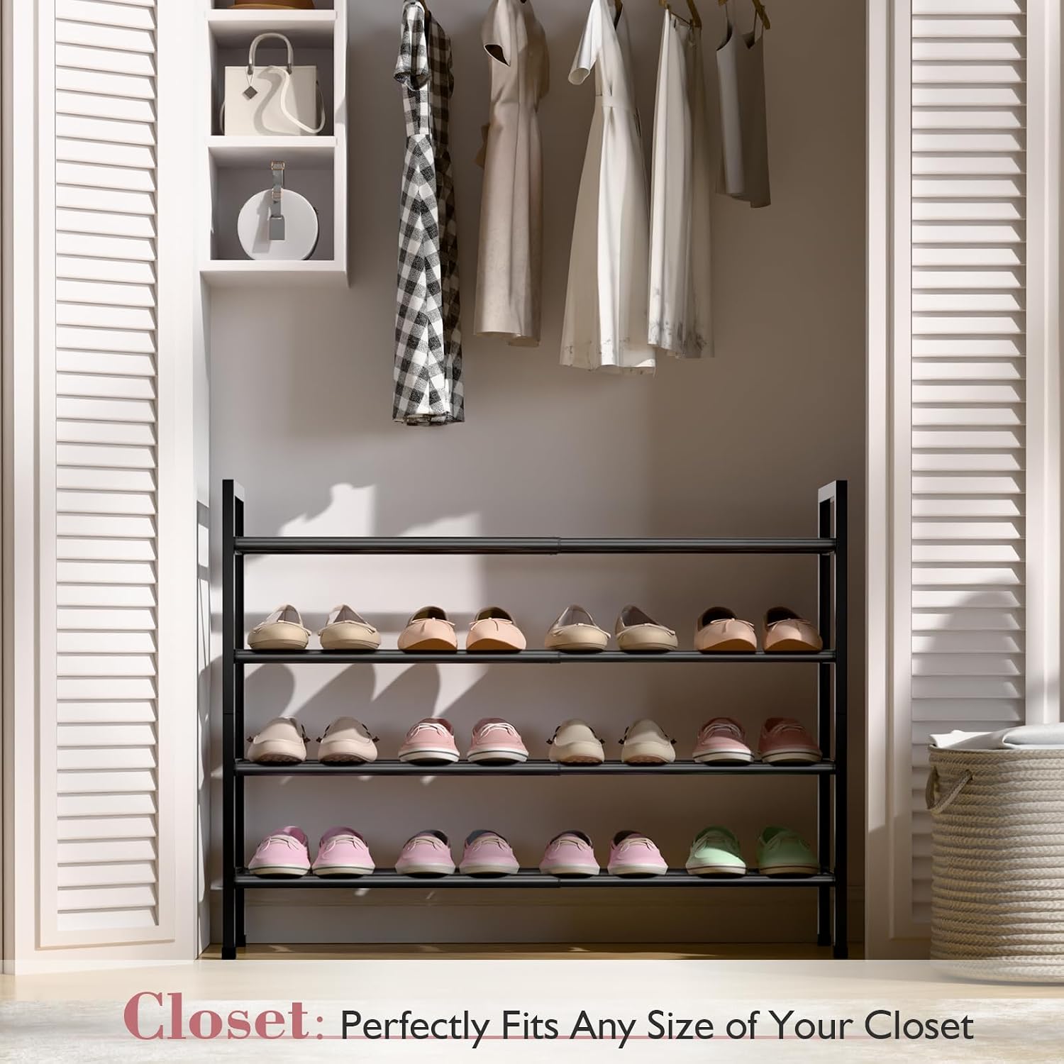 Expandable 4-Tier Black Metal Shoe Rack