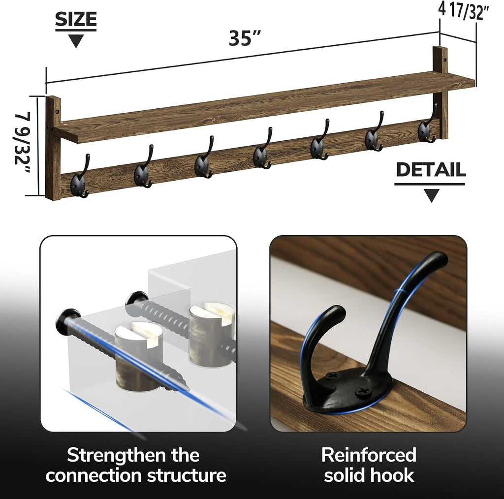 35" Wood Wall Coat Rack Shelf