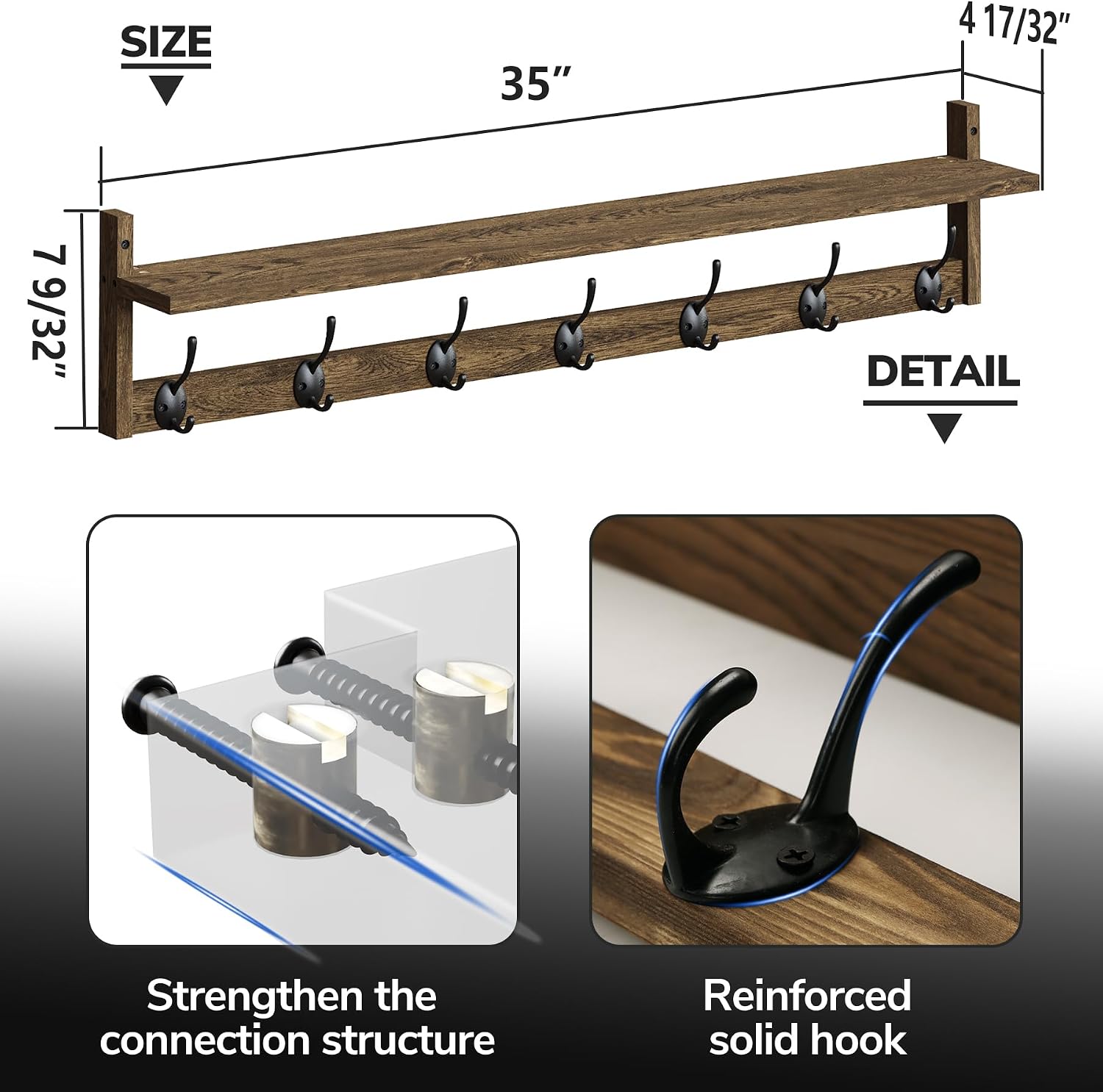 35" Wood Wall Coat Rack Shelf