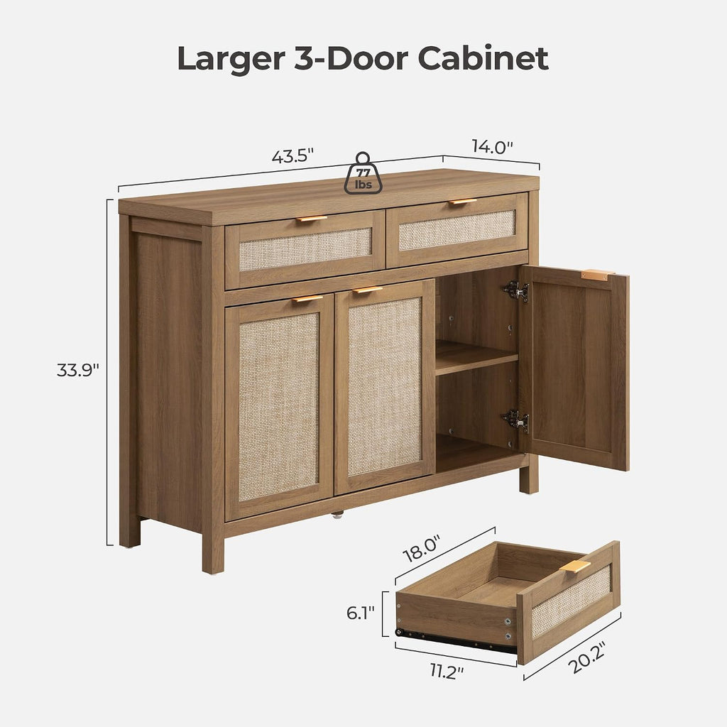 Caramel Oak Rattan 3 Doors 2 Drawers Boho Sideboard