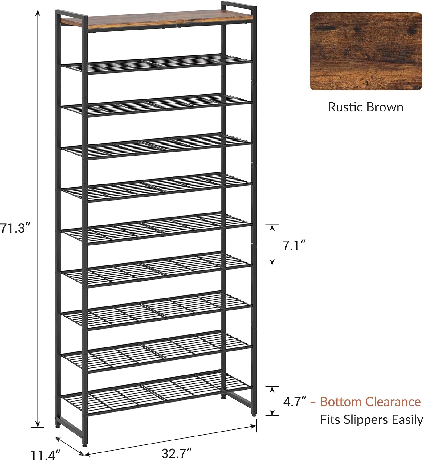 10 Tier Narrow Rustic Brown Metal Shoe Rack With Wood Top