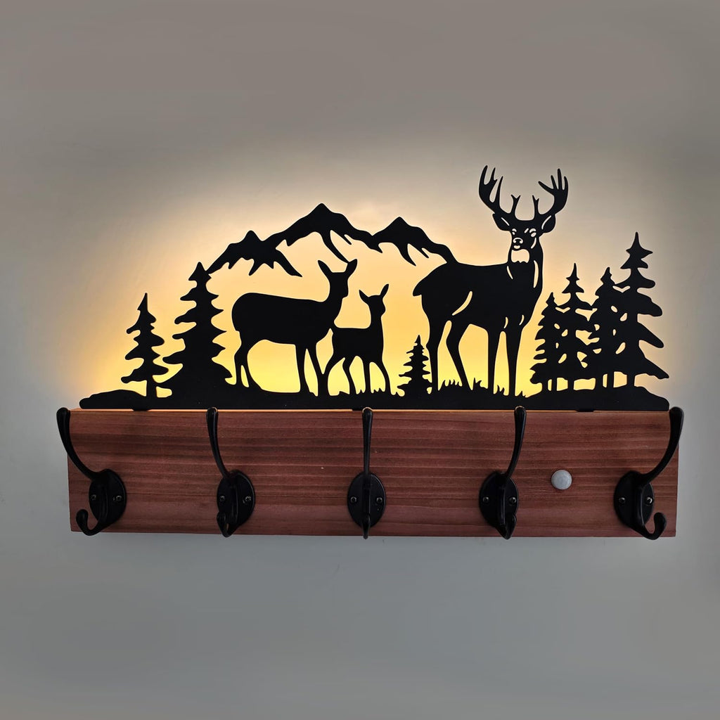 Wood Lighted Deer Wall Coat Hooks