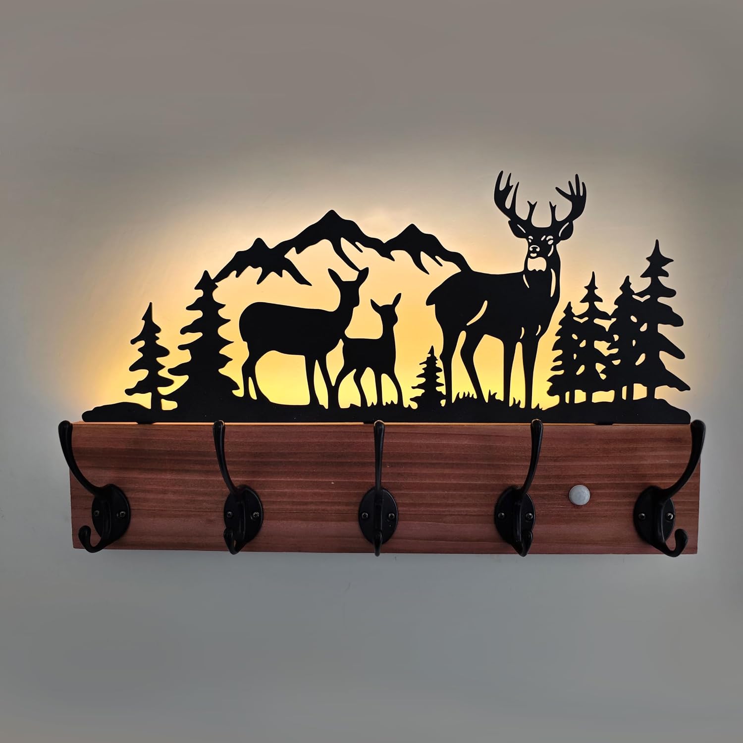 Wood Lighted Deer Wall Coat Hooks