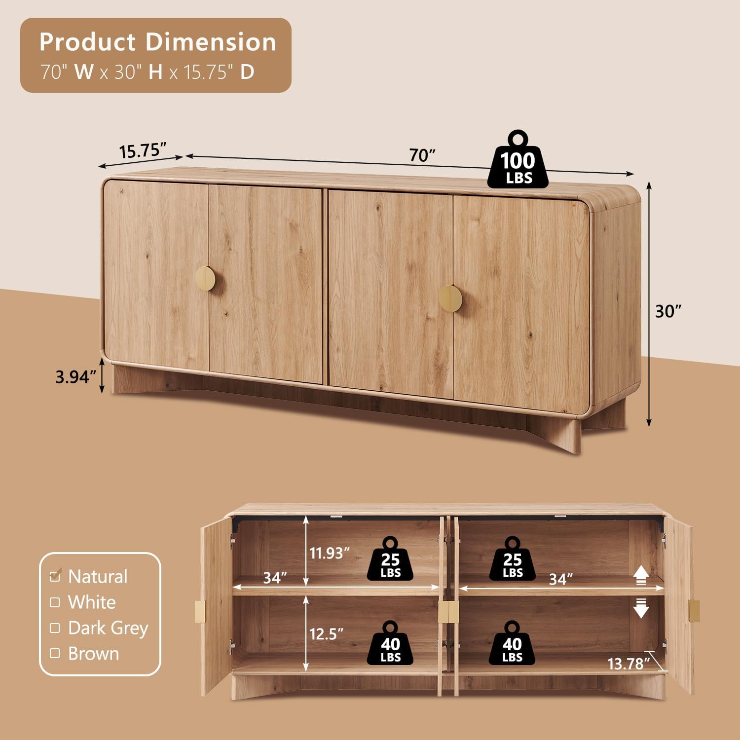70" Natural Oak Curved 4 Doors Modern Sideboard Buffet