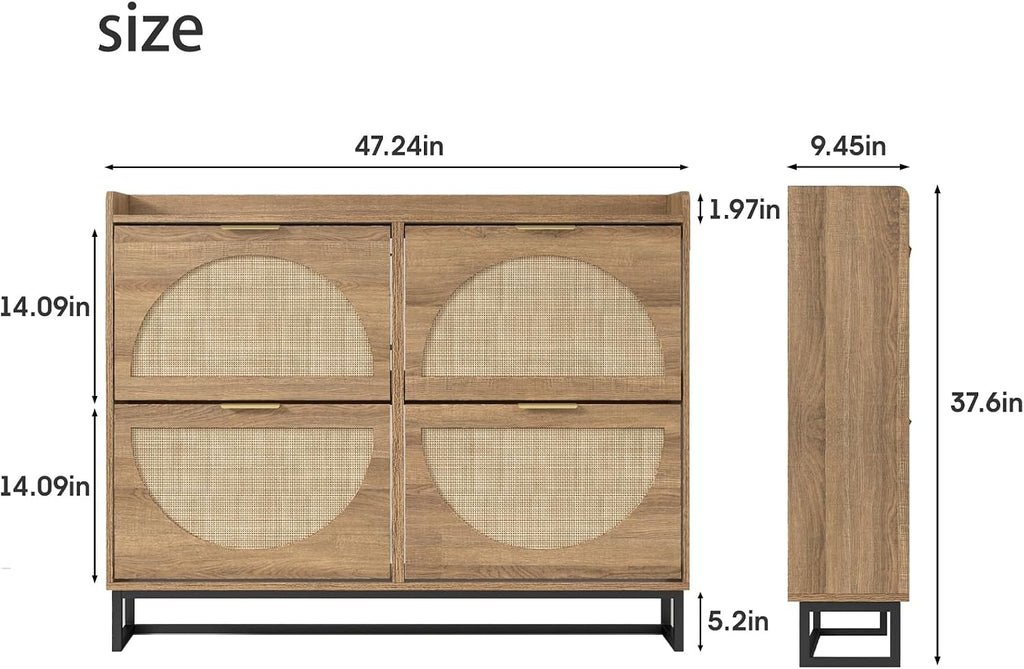 Rustic Oak Rattan Flip Drawer Shoe Cabinet