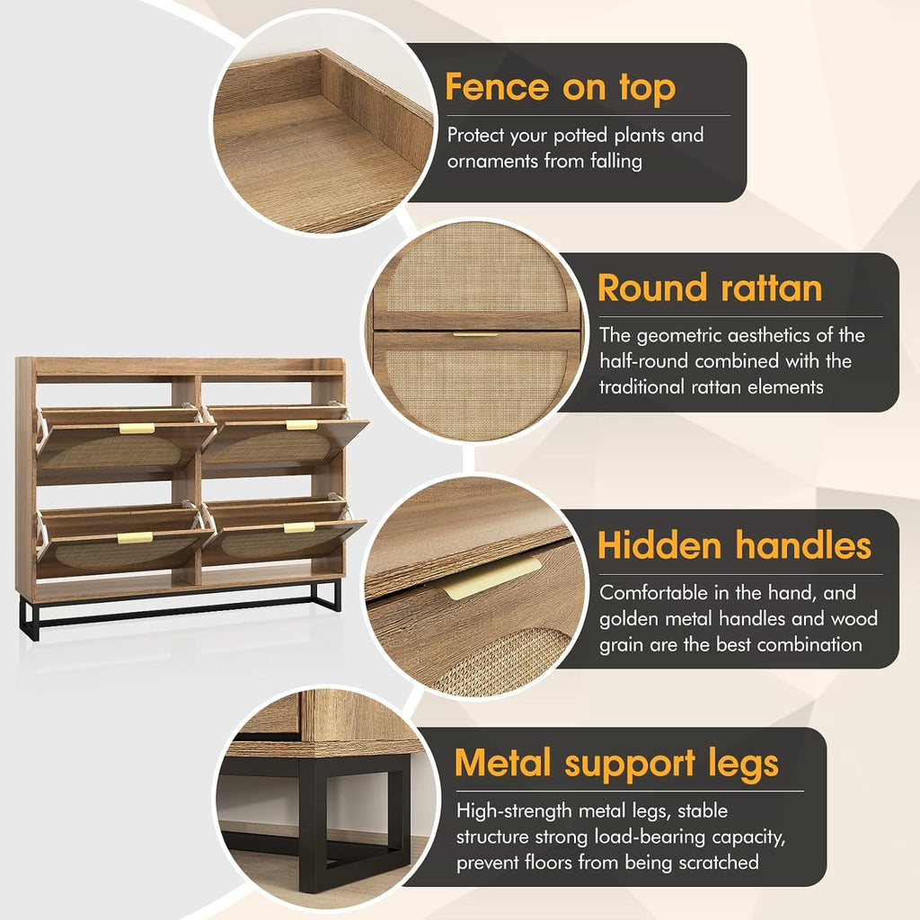 Rustic Oak Rattan Flip Drawer Shoe Cabinet