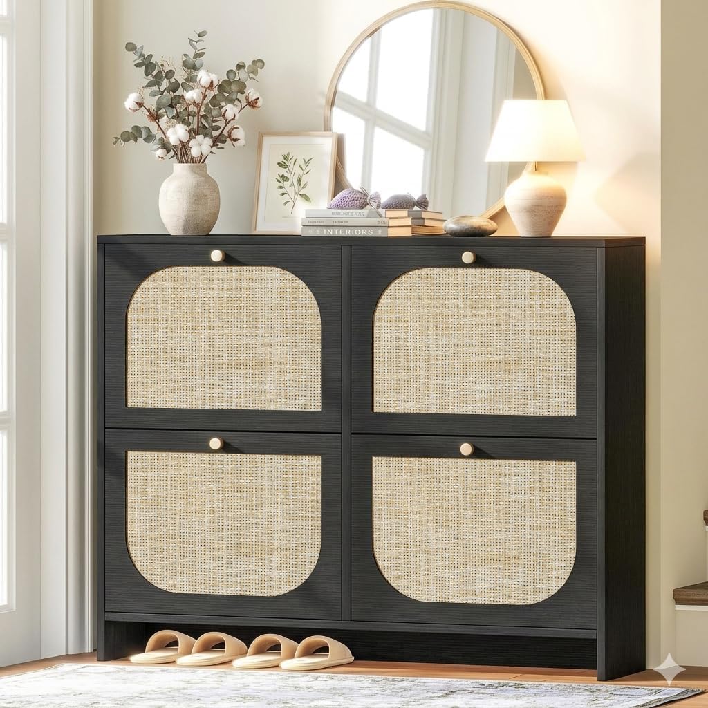 Ultra Slim Vintage Rattan Flip Shoe Cabinet