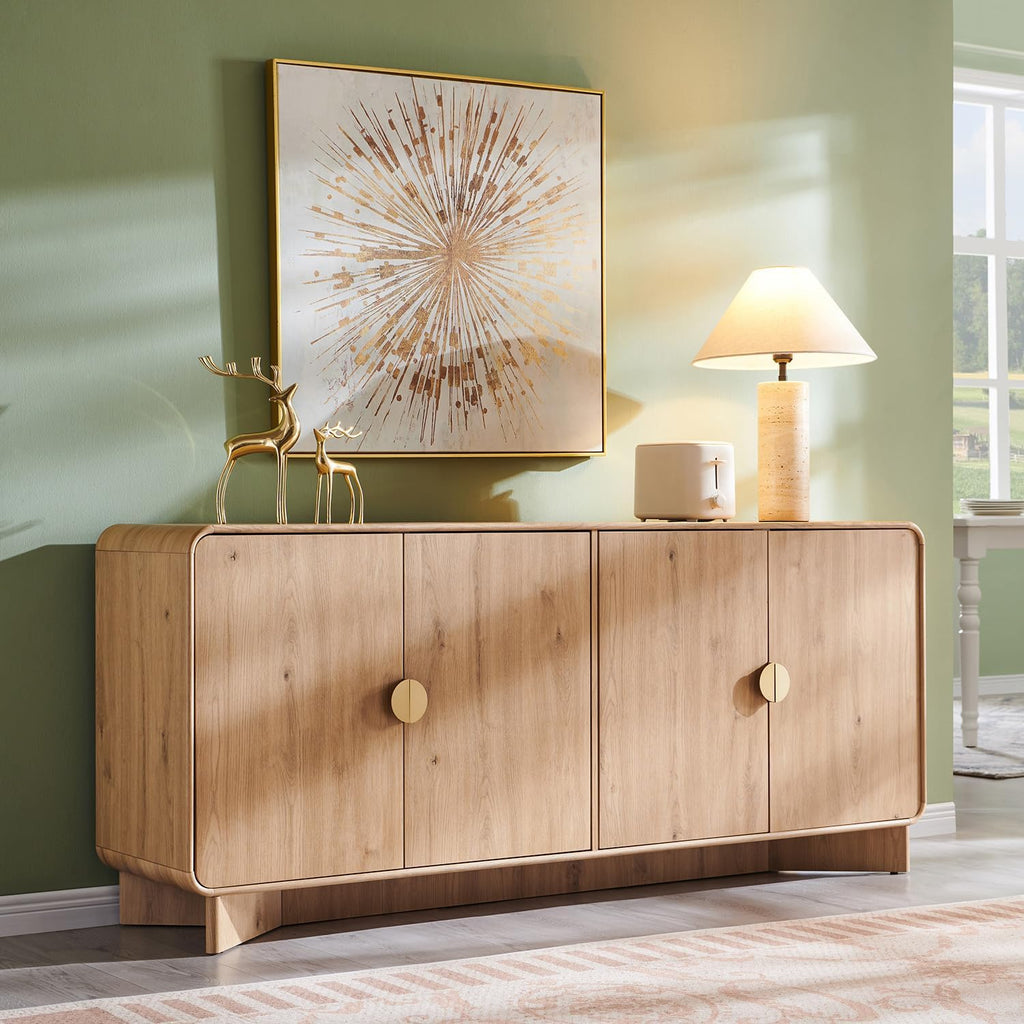 70" Natural Oak Curved 4 Doors Modern Sideboard Buffet