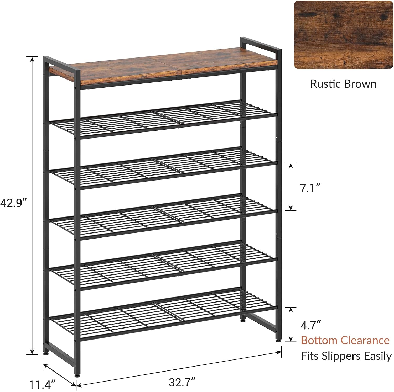6 Tier Rustic Brown Black Metal Shoe Rack With Wood Top