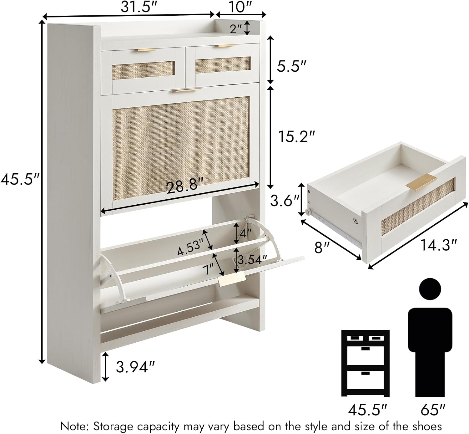 White Rattan Slim Hidden Shoe Storage Cabinet