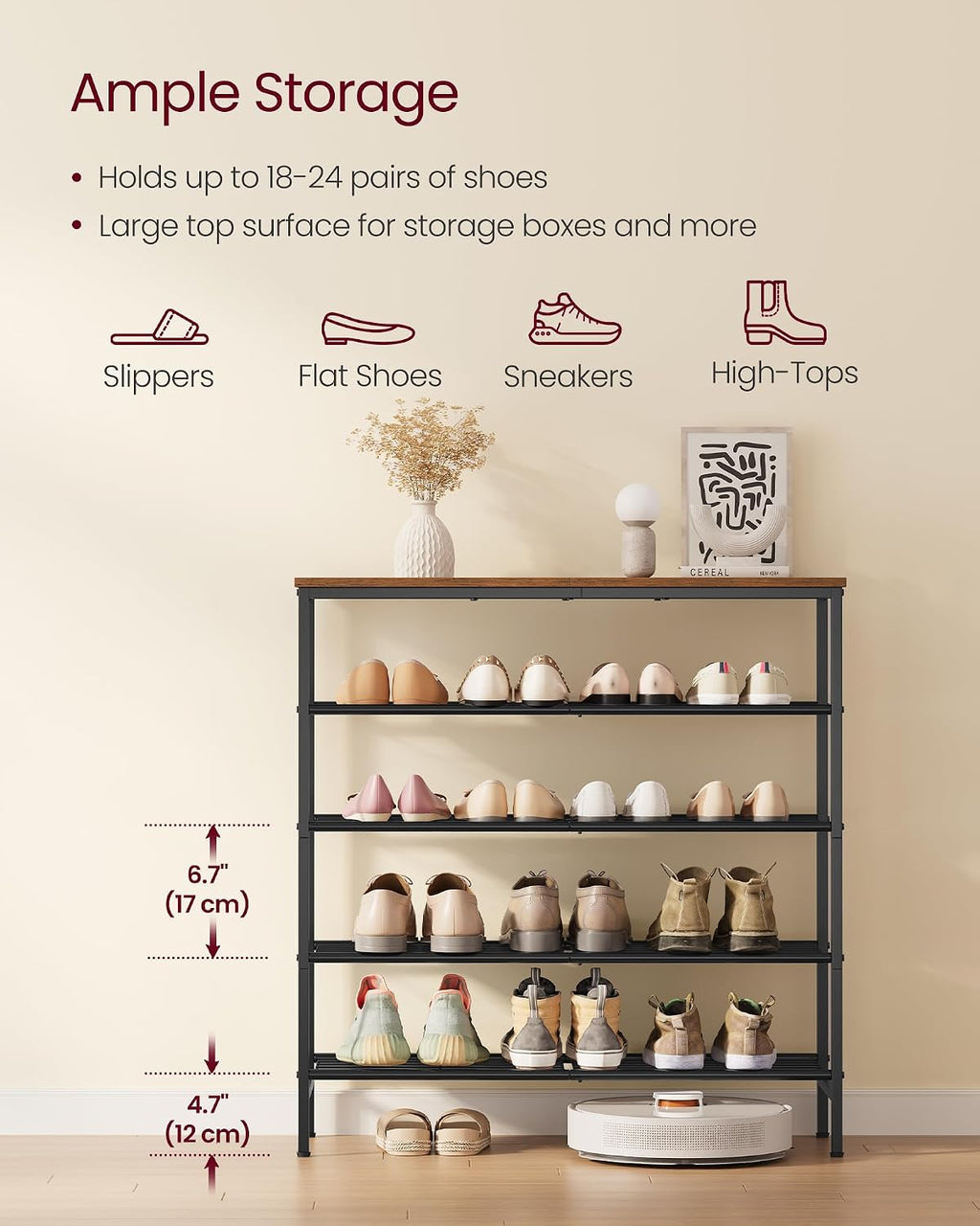 5-Tier Rustic Brown Black Metal Shoe Rack