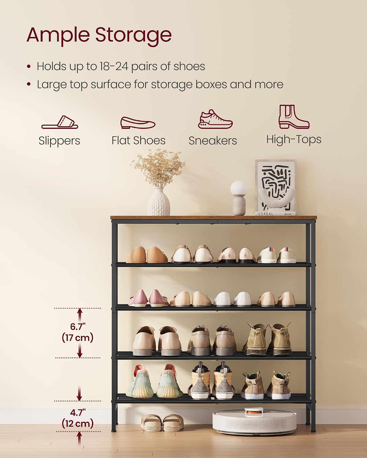 5-Tier Rustic Brown Black Metal Shoe Rack