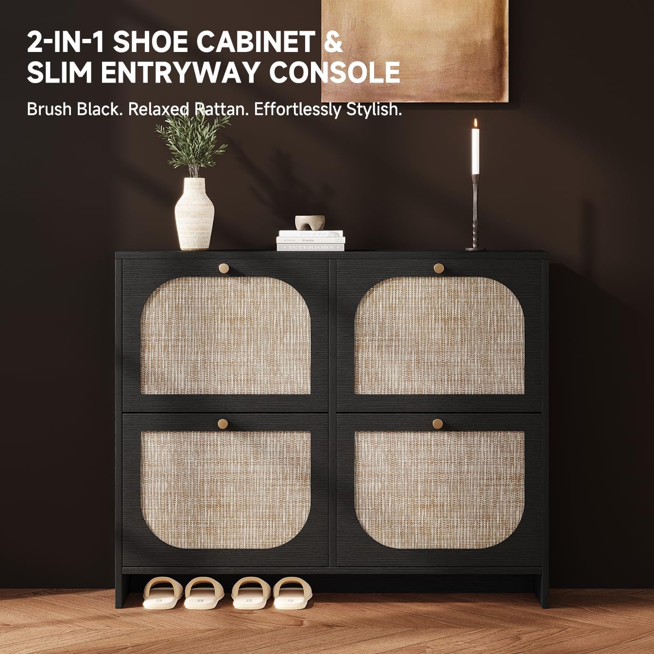 Ultra Slim Vintage Rattan Flip Shoe Cabinet