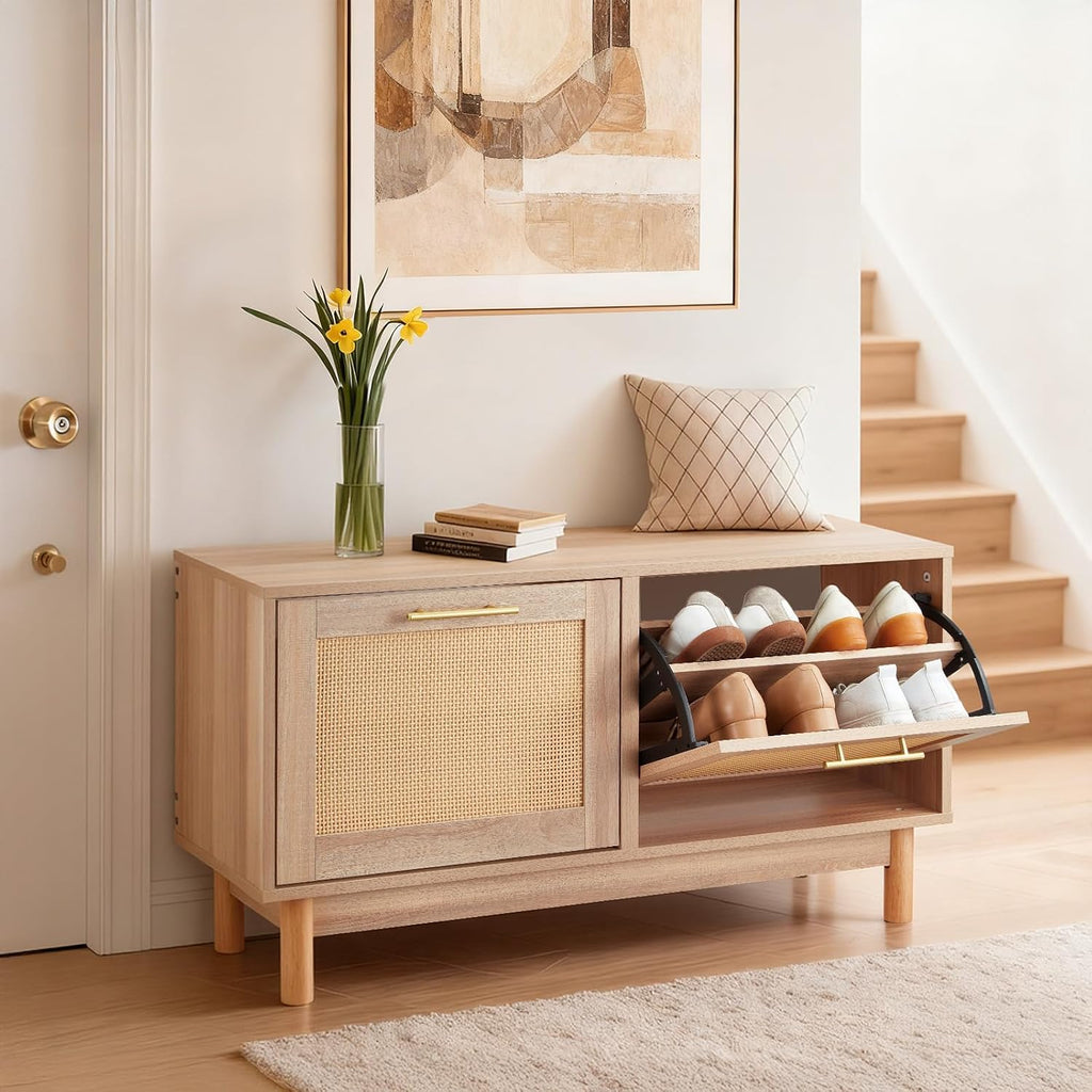 Rattan Flip Drawer Entryway Shoe Bench