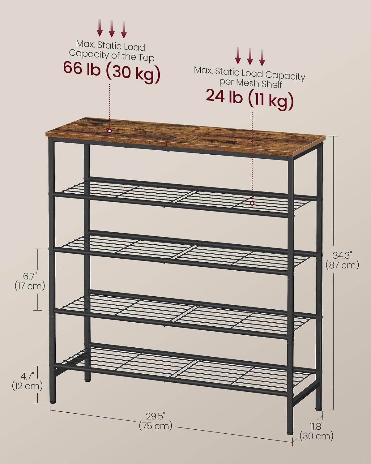 5-Tier Rustic Brown Black Metal Shoe Rack