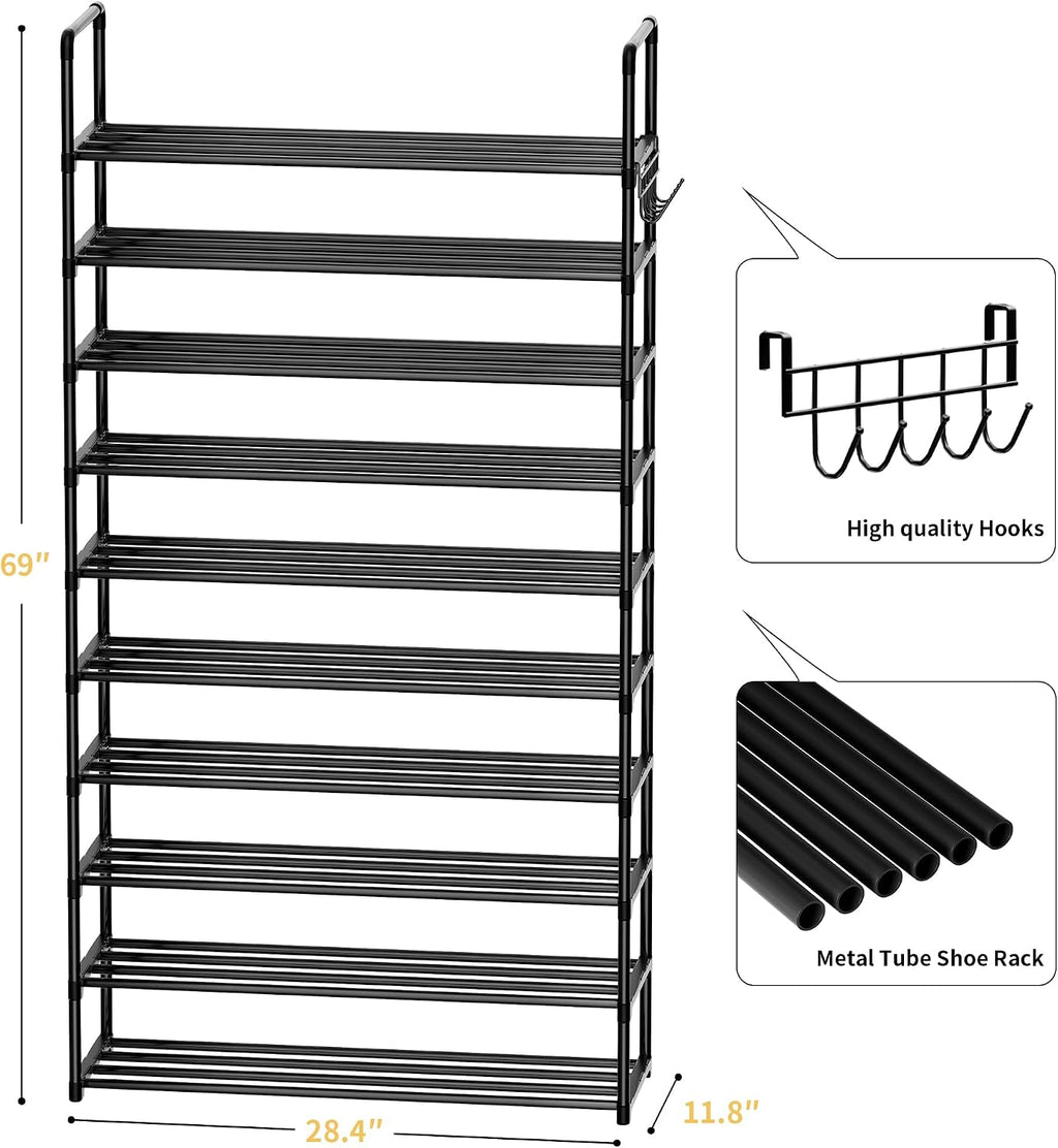 10 Tier Tall Metal Shoe Rack with Hooks