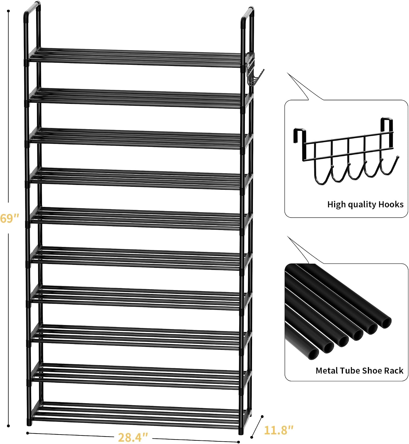 10 Tier Tall Metal Shoe Rack with Hooks