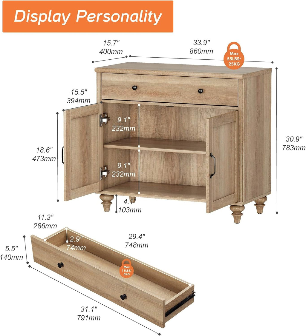 34" Oak Farmhouse Sideboard Cabinet