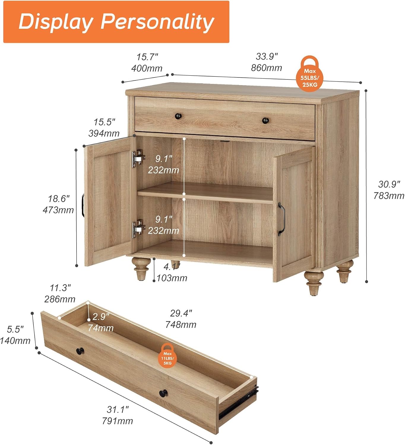 34" Oak Farmhouse Sideboard Cabinet