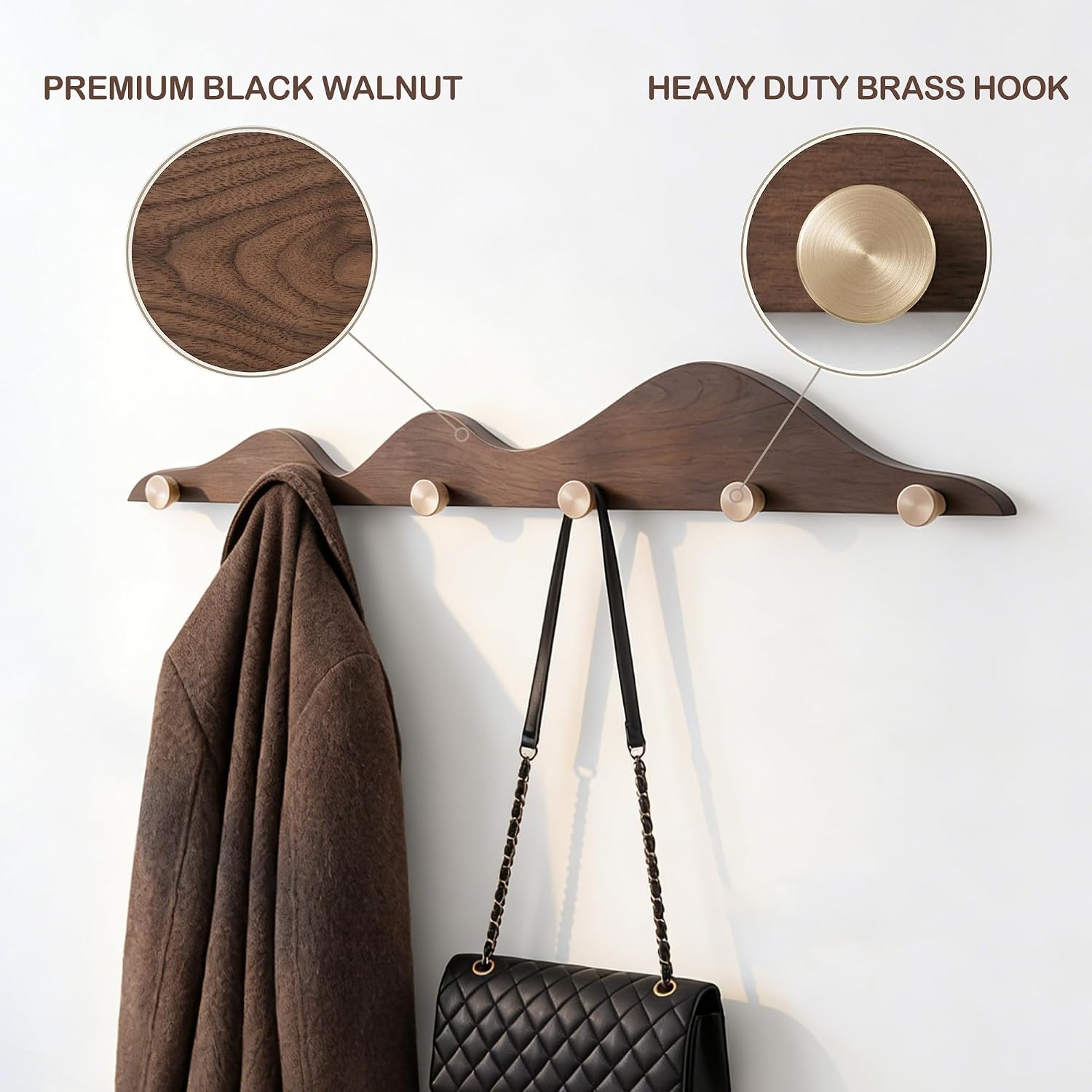 Walnut Gold Hook Wall Coat Rack