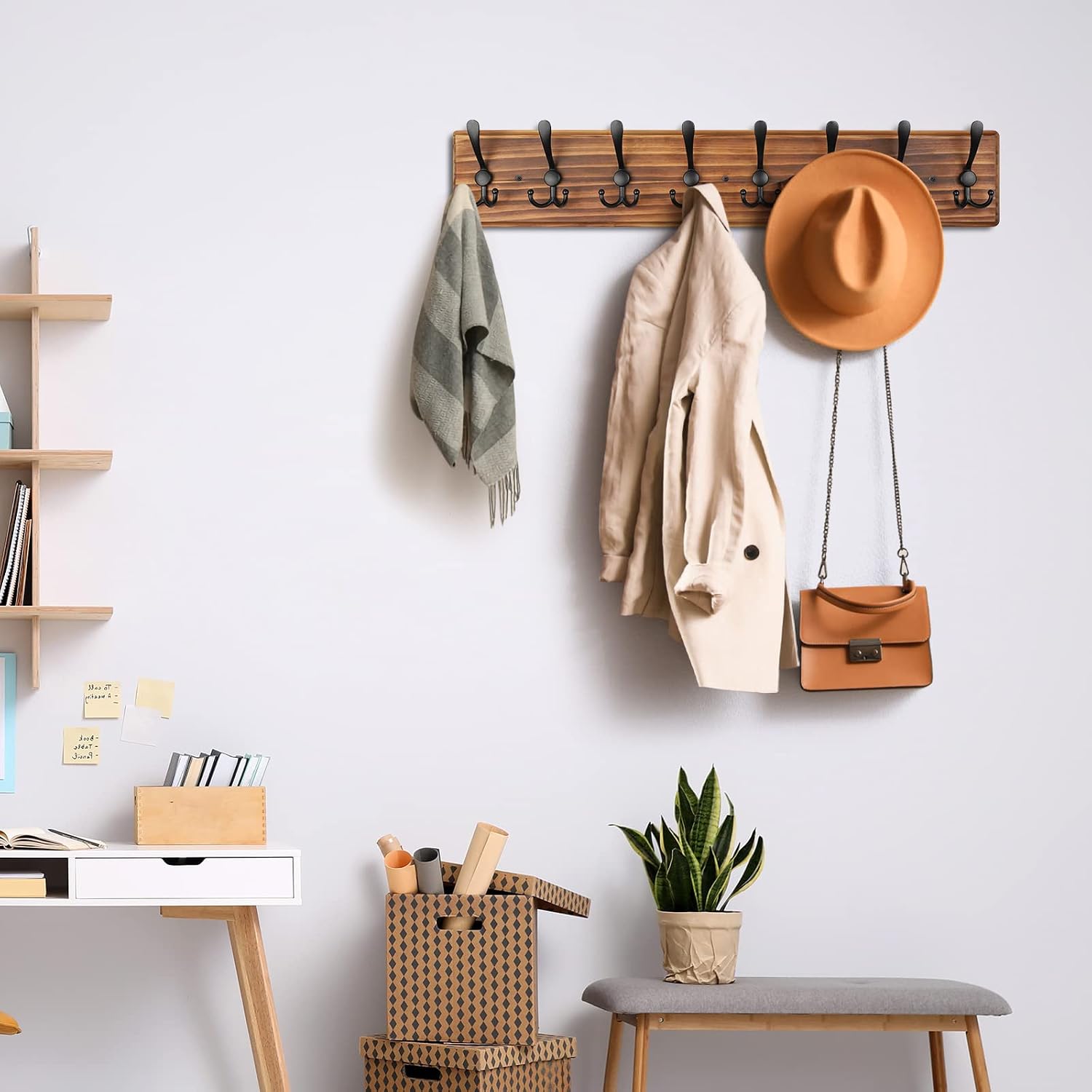 Brown 8 Triple Hooks Wall Coat Rack