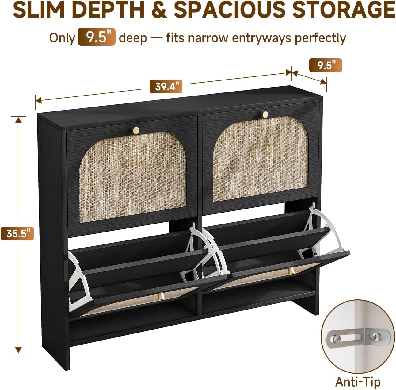 Ultra Slim Vintage Rattan Flip Shoe Cabinet