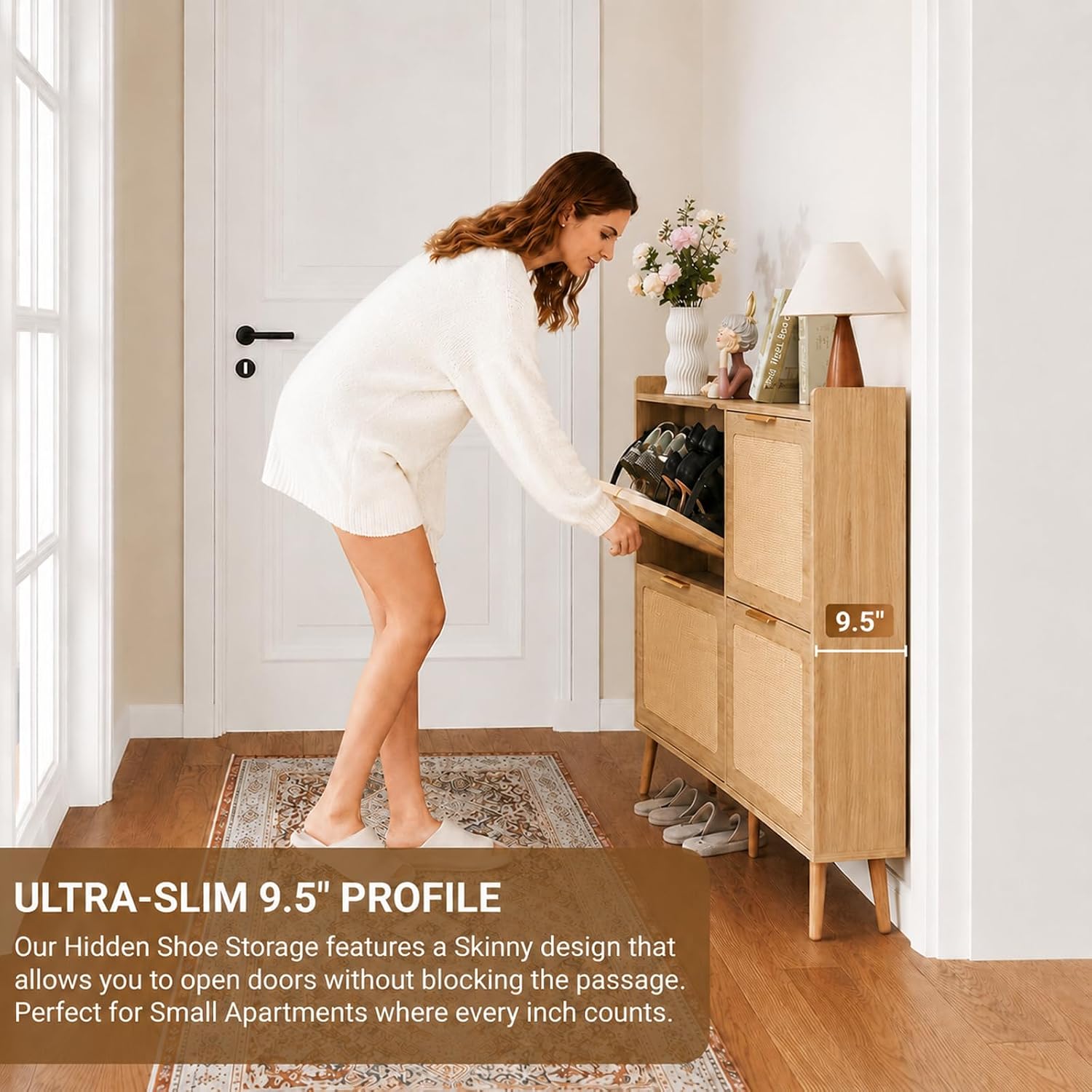 Slim Farmhouse Rattan Flip Drawer Shoe Cabinet