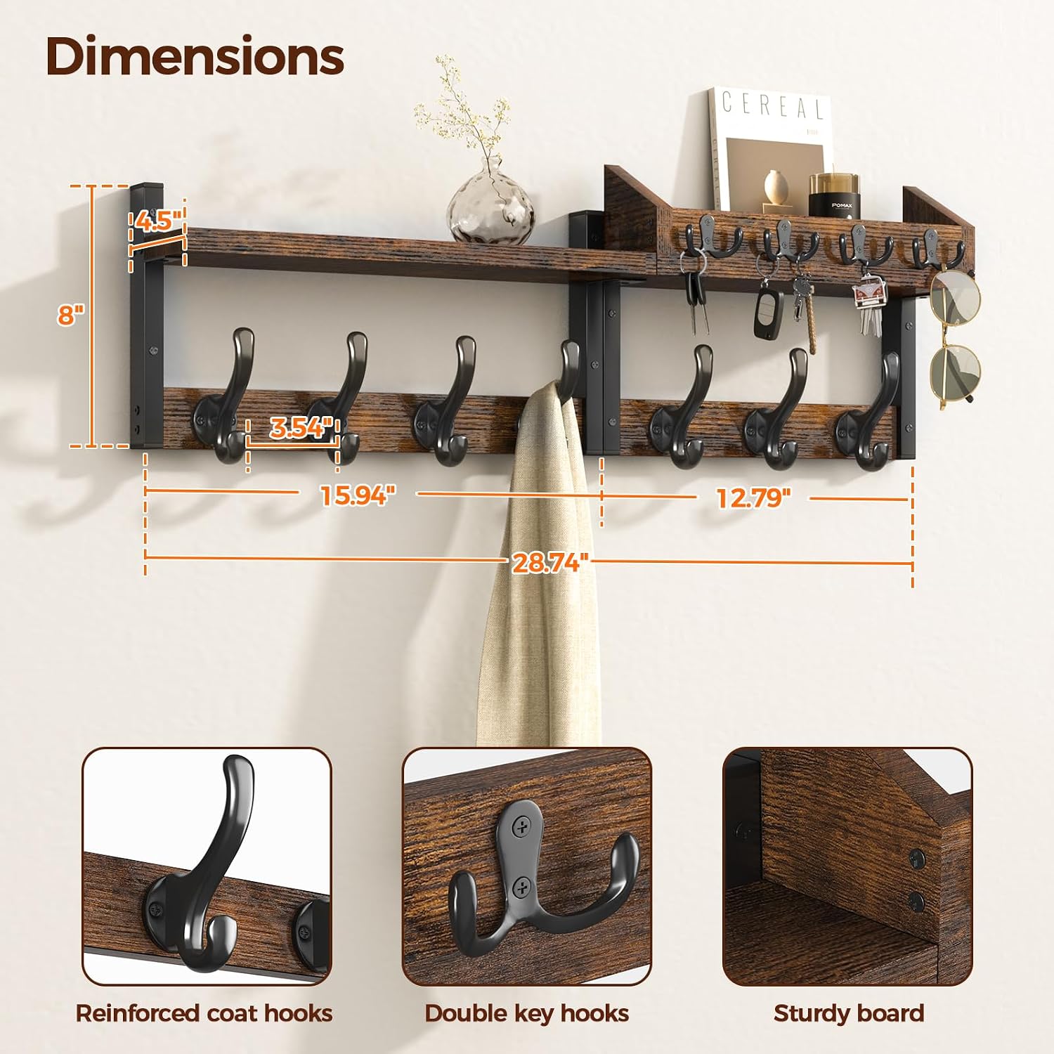 29" Brown Multi-Function Wall Coat Rack