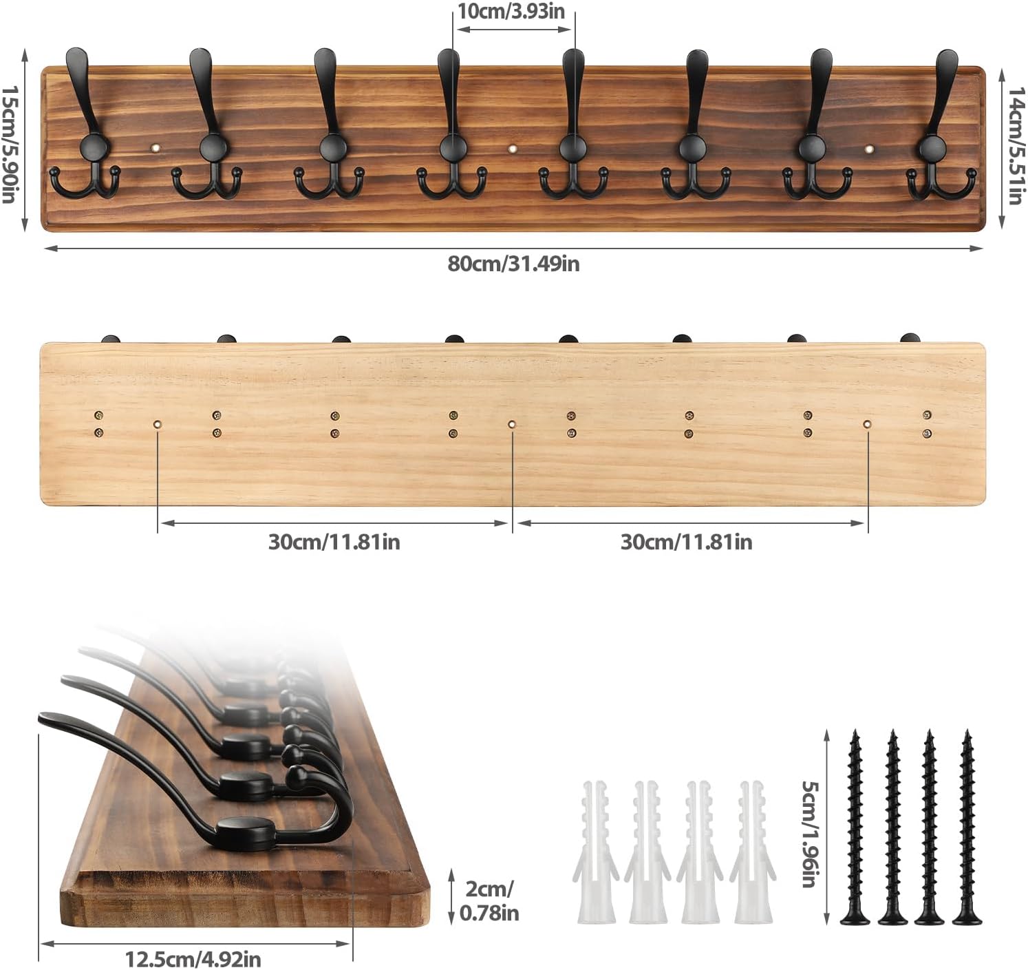 Brown 8 Triple Hooks Wall Coat Rack