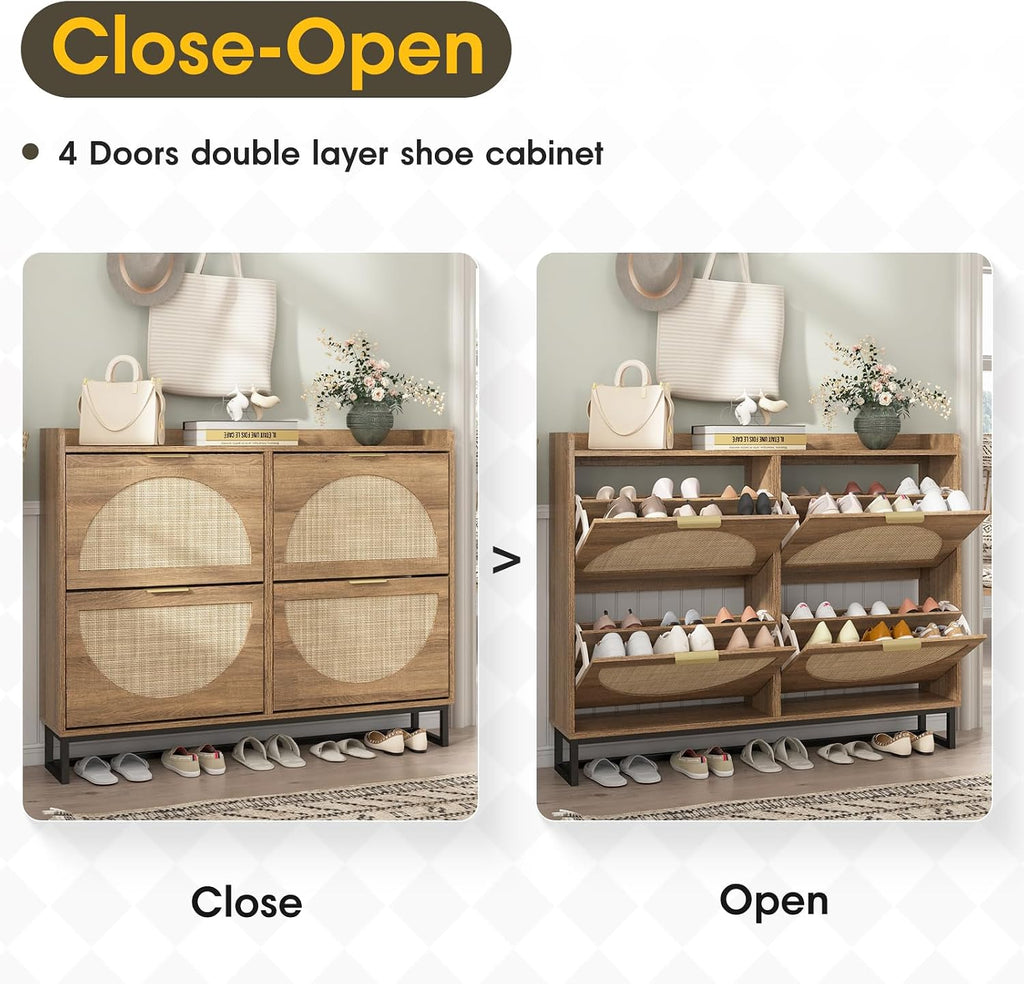Rustic Oak Rattan Flip Drawer Shoe Cabinet