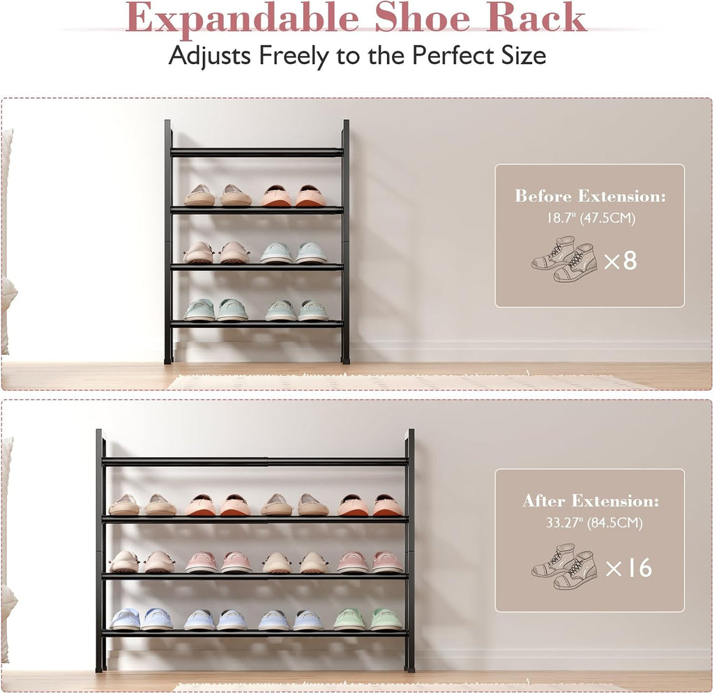 Expandable 4-Tier Black Metal Shoe Rack