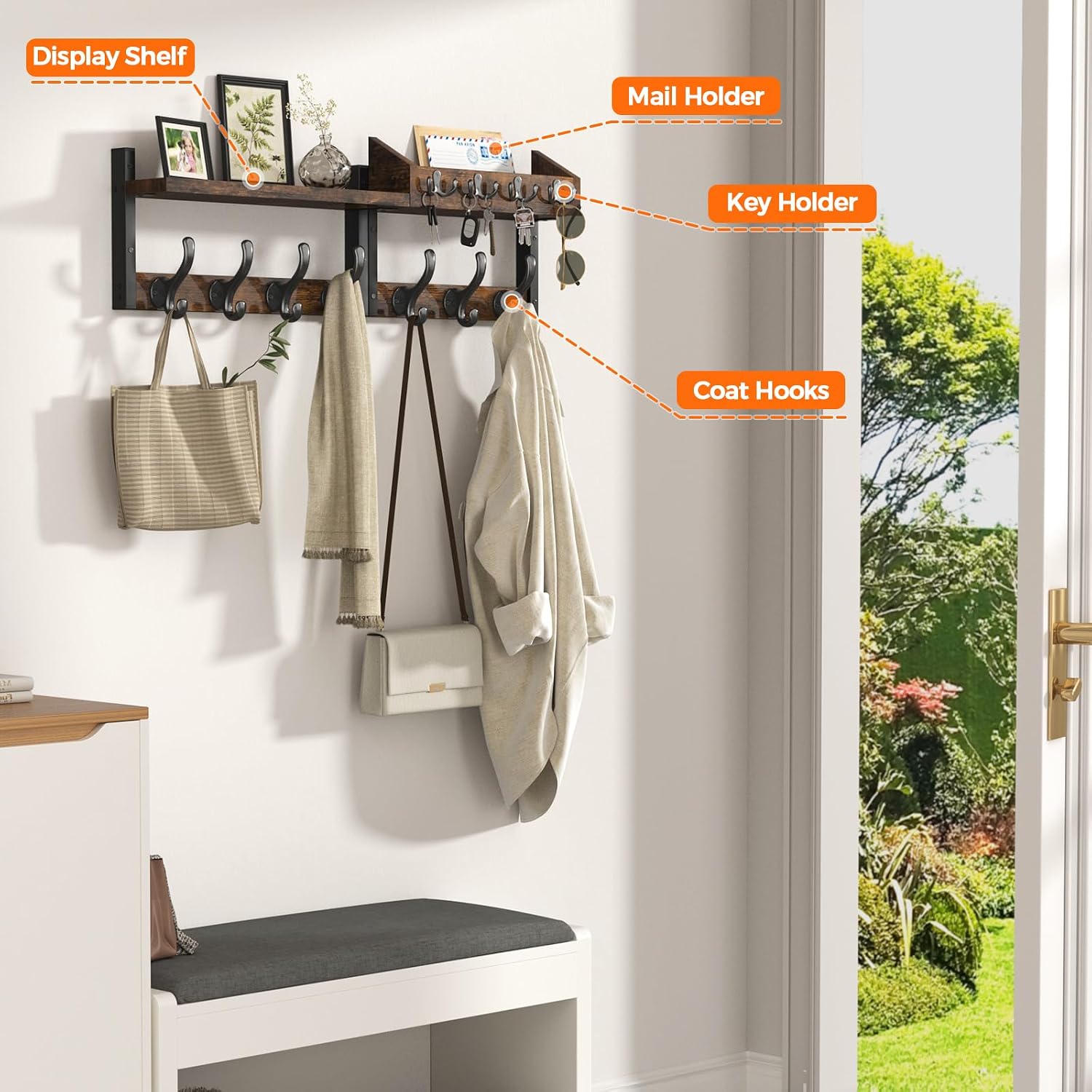 29" Brown Multi-Function Wall Coat Rack
