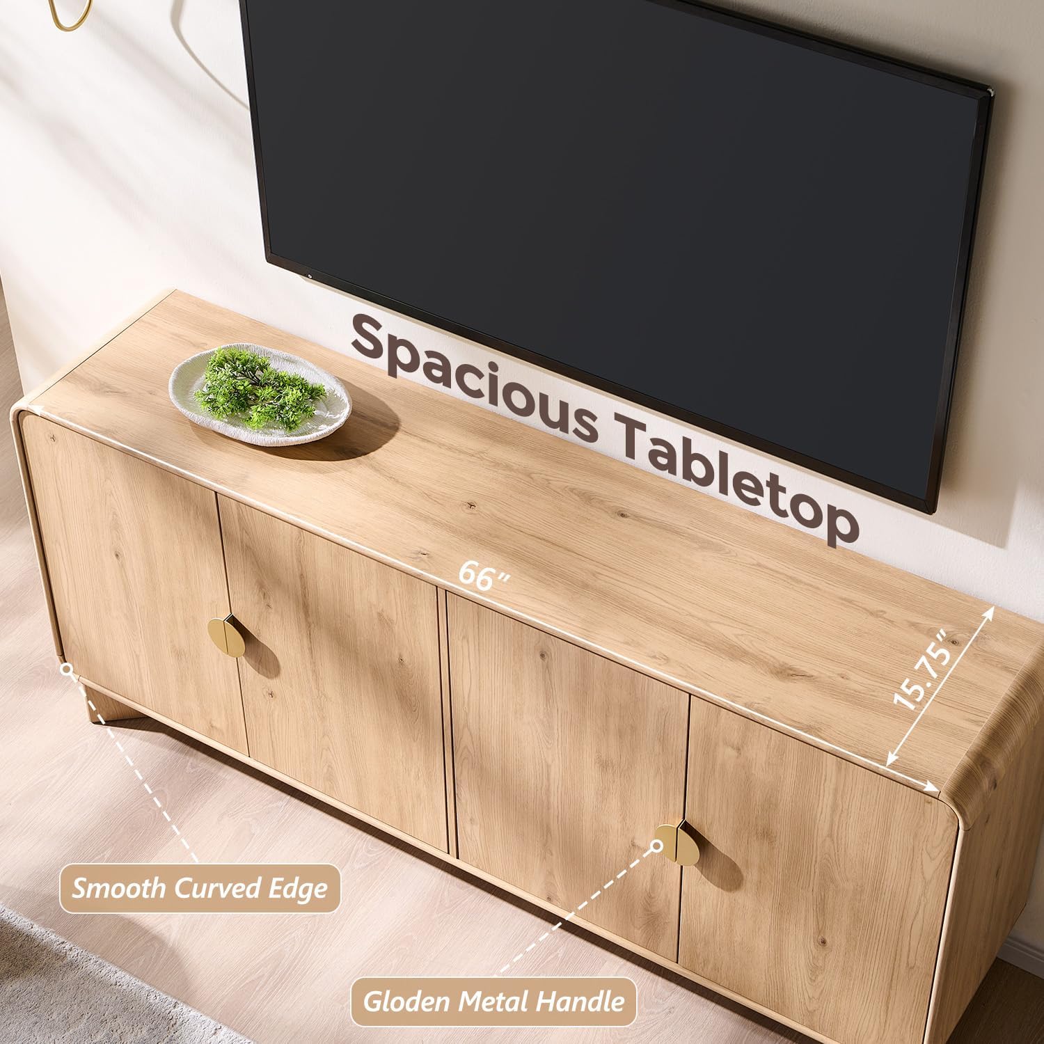 70" Natural Oak Curved 4 Doors Modern Sideboard Buffet