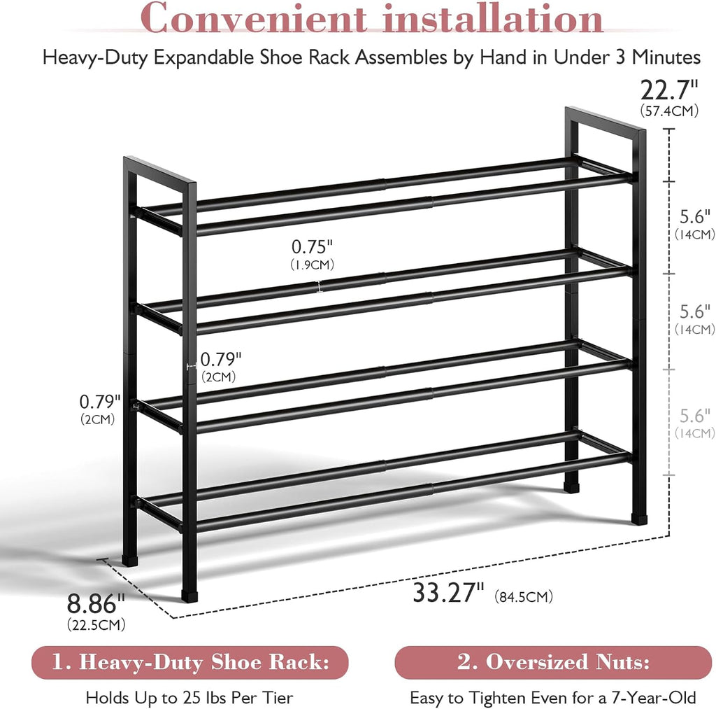 Expandable 4-Tier Black Metal Shoe Rack
