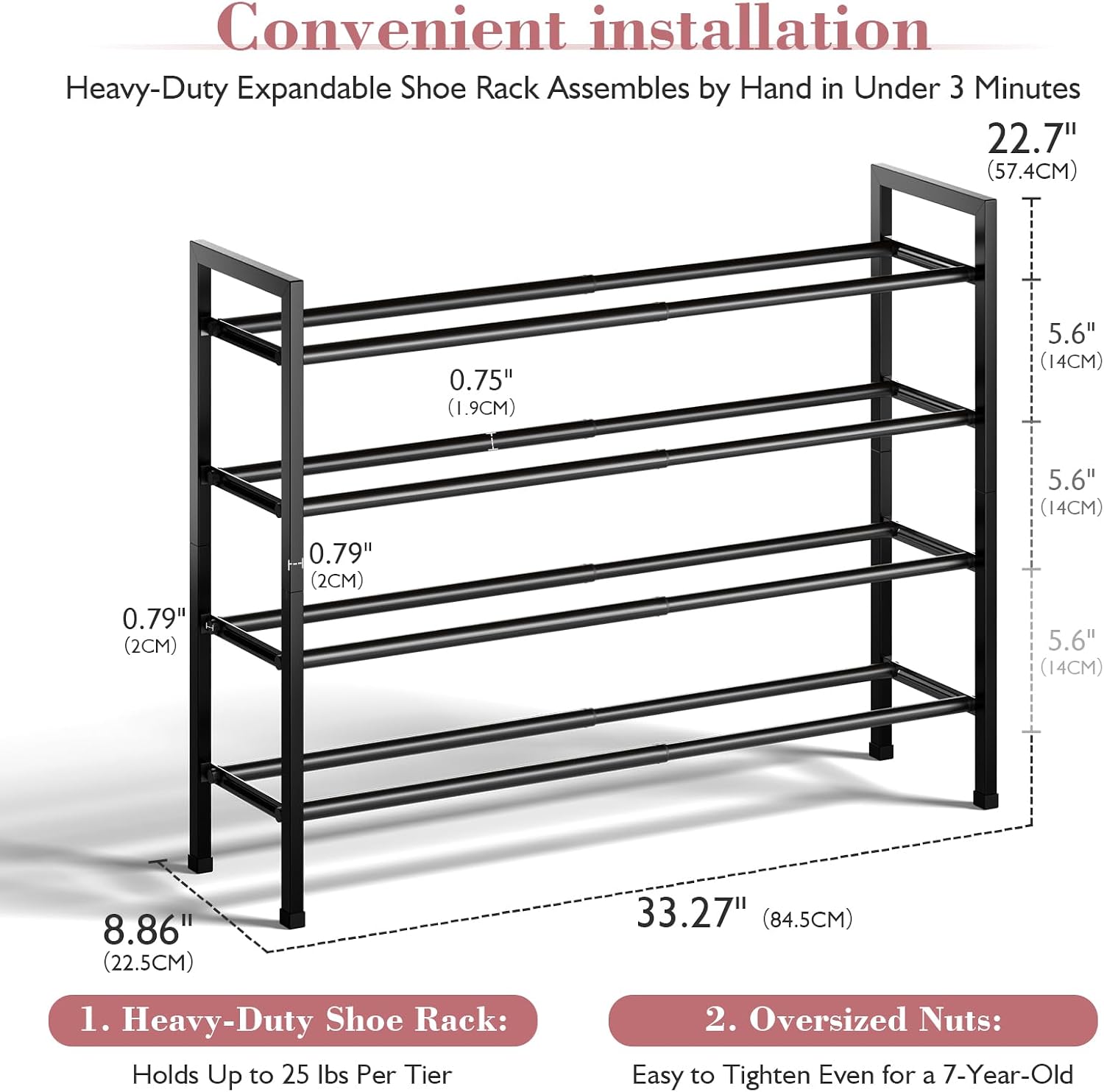 Expandable 4-Tier Black Metal Shoe Rack