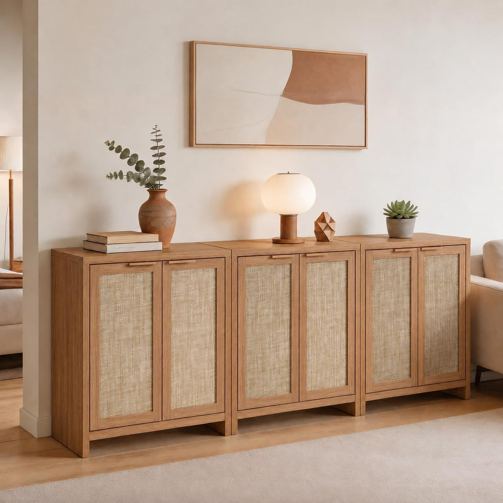3pc Oak Rattan Storage Sideboard
