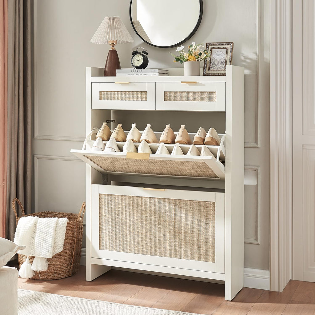 White Rattan Slim Hidden Shoe Storage Cabinet