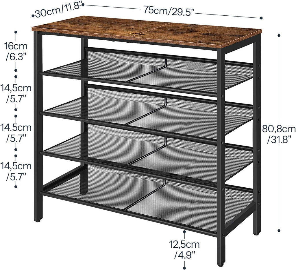 5-Tier Rustic Brown Metal Mesh Shoe Rack