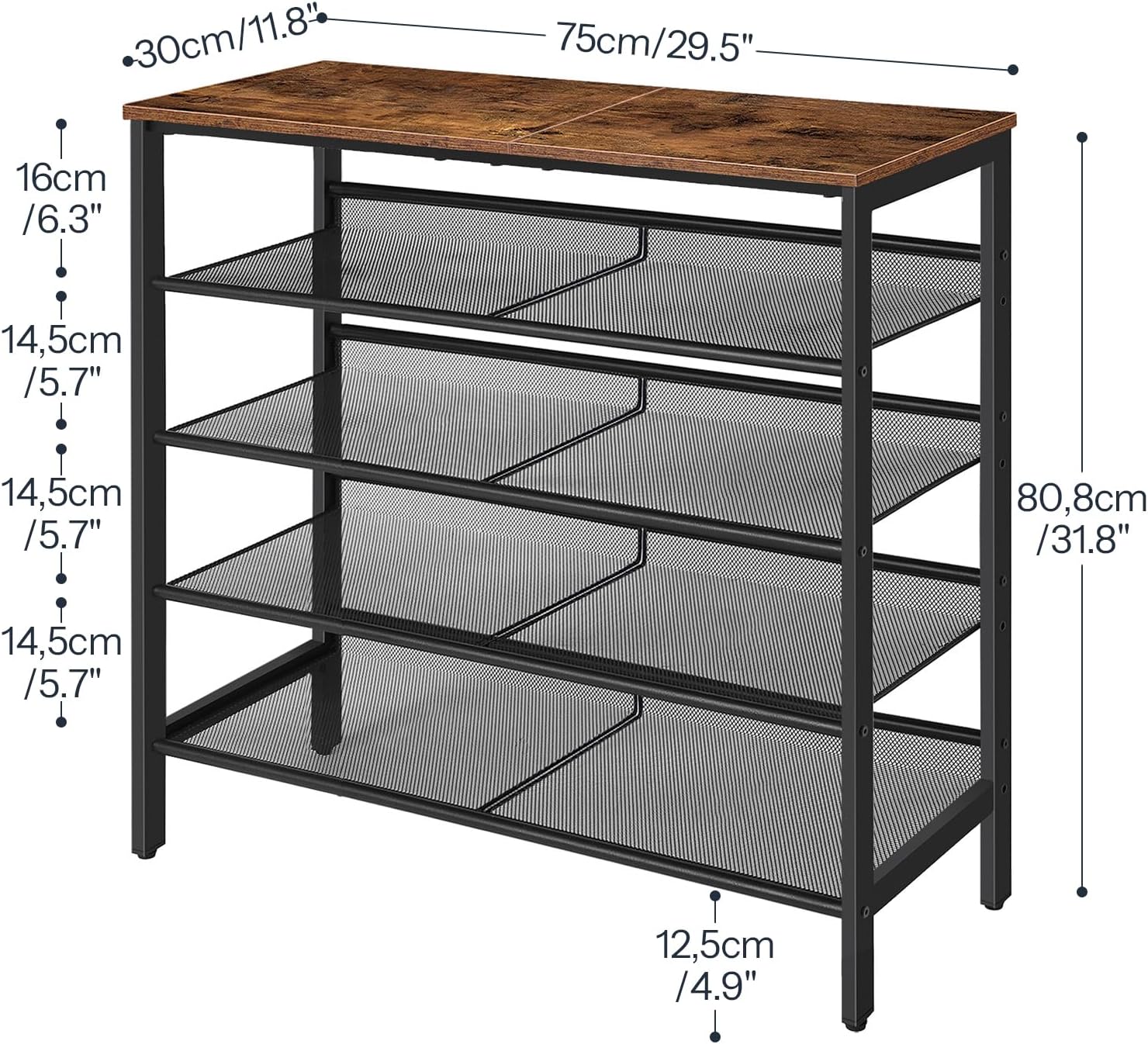 5-Tier Rustic Brown Metal Mesh Shoe Rack